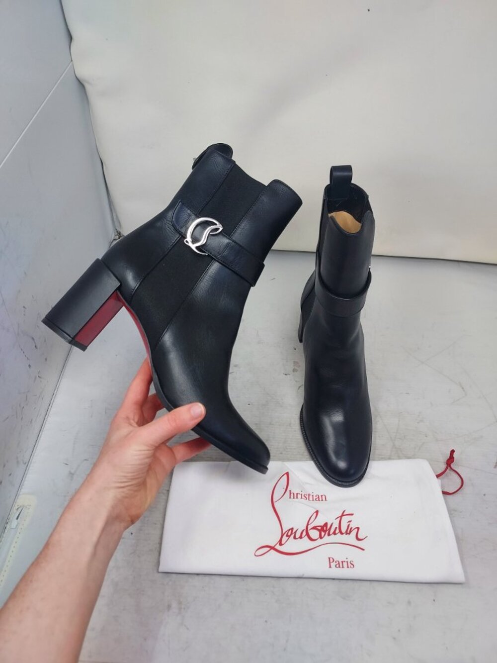 Christian Louboutin Black Leather CL Chelsea Heel Boot